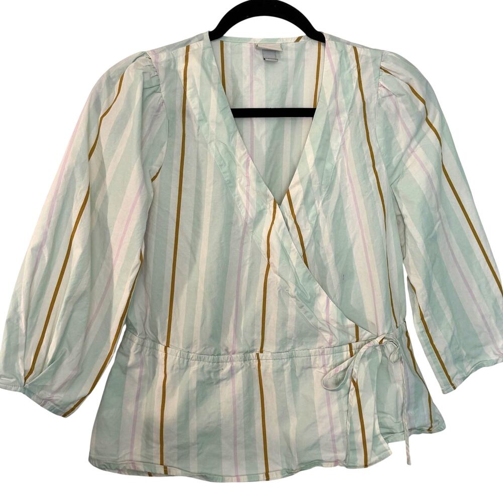 A New Day Women's XS Wrap Top Long Sleeve Mint Green Striped Deep V-Neck Cotton